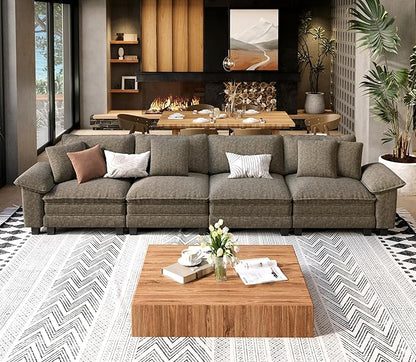 SUNSHINE VALLEY 4 Seat Modular Sofa, 157.5'' Oversized Modern Chenille Sectional Couch with Wider Armrest and Pillow, Upholstered Cloud Deep Seat Sofa for Living Room, Smoky Grey