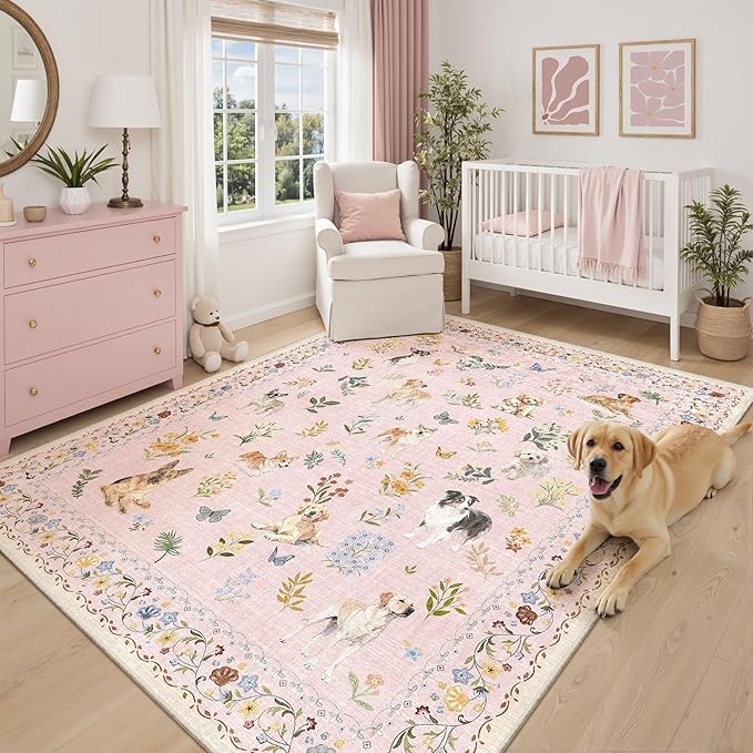 Soalmost Dog 8x10 Pink Area Rugs for Baby Girl Nursery, Washable Animal Floral Vintage Rug Non-Slip Low Pile Soft Throw Rugs for Living Room Dining Room Bedroom Playroom Classroom (8 x 10,Pink)