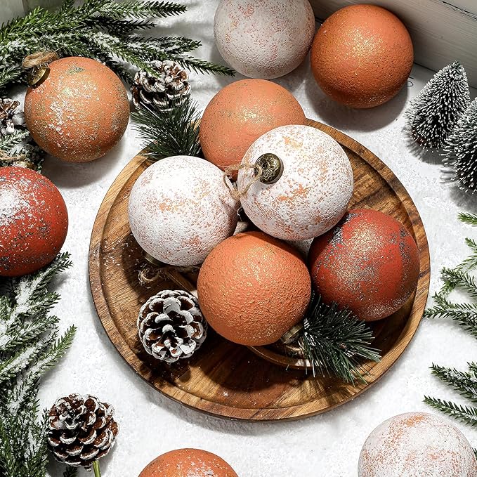 24 Pcs 3.15'' Large Rustic Vintage Neutral Textured Farmhouse Brown 2025 Christmas Ornaments Ball for Christmas Tree Decor,Boho Orange Copper Hanging Xmas Ornaments Shatterproof Ball for Home Decor