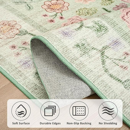 Maxsoft Large Area Rugs for Living Room Bedroom, 5x7 Washable Floral Area Rugs, Non-Slip and Stain Resistant Soft Throw Indoor Carpet for Dining Room Office Kitchen Dorm Home Decor, Green