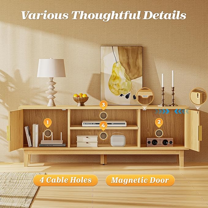 PRAISUN 54 Inch TV Stand for 50, 55 Inch TV, Fluted Entertainment Center with 2 Cabinets, TV Consoles for Living Room, 3-Level Adjustable Shelf, 4 Cable Holes, Meida Console, Natural