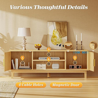 PRAISUN 54 Inch TV Stand for 50, 55 Inch TV, Fluted Entertainment Center with 2 Cabinets, TV Consoles for Living Room, 3-Level Adjustable Shelf, 4 Cable Holes, Meida Console, Natural