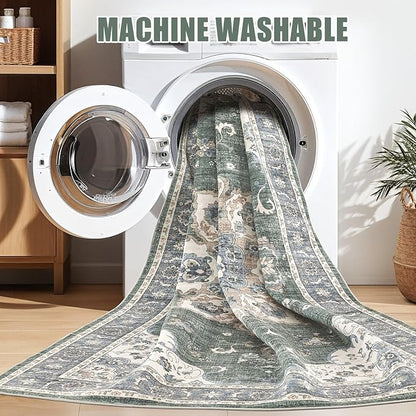 Area Rug for Living Room - 9x12 Soft Washable Oriental Vintage Floral Distressed Large Carpet - Fade Stain Resistant Non Slip Rugs for Bedroom Dining Room Nursery Dorm Office Home Decor - Green