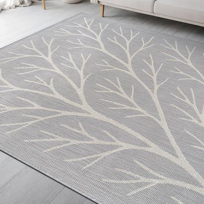Washable Indoor Outdoor Rug 9x12 Modern Area Rugs Branch Pattern Non Shedding Waterproof Easy Clean Patio Deck Porch Living Room Bedroom Garden RV (9 X 12 Gray)