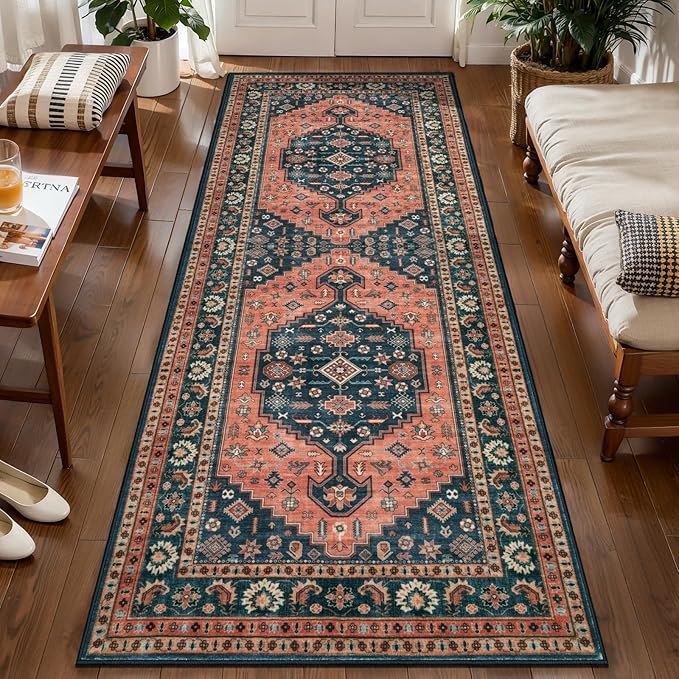 Tangsoo 2x5 Washable Runner Rug for Hallway,Non Slip Vintage Rug Runner for Entryway,Red Blue Floral Soft Low Pile Floor Carpet Runner for Kitchen Bedroom Laundry Bathroom