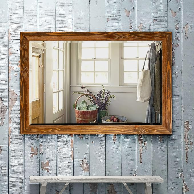 Renditions Gallery Rustic Horizontal Wooden Maple Frame Body Mirror Decor Aesthetic Wall Mounted Rectangle Farmhouse Vanity Mirror for Living Room Bedroom Bathroom - 41"x29" LT07