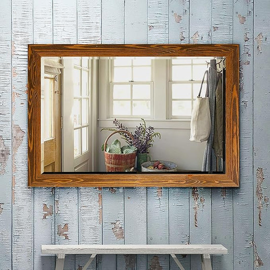 Renditions Gallery Rustic Horizontal Wooden Maple Frame Body Mirror Decor Aesthetic Wall Mounted Rectangle Farmhouse Vanity Mirror for Living Room Bedroom Bathroom - 41"x29" LT07