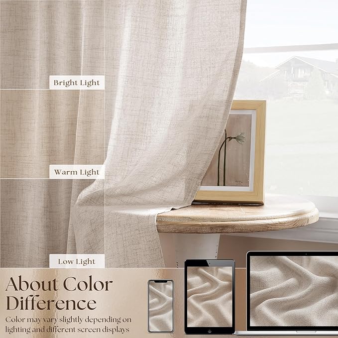 Linen Textured Bathroom Window Curtains 36 Inch Length Short Kitchen Curtain Semi Sheer Farmhouse Boho Curtains 2 Panels Tan Beige Light Coffee for Cafe Bedroom Rod Pocket Drapes W30xL36
