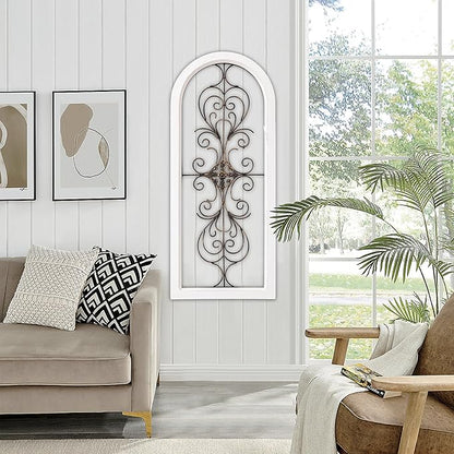 Sintosin Farmhouse White Wood and Metal Wall Decor 32 X 13 Inches, Handmade Distressed Gold and Black Wrought Iron Wall Decor Living Room Entryway, Hanging Metal Wall Art above Couch