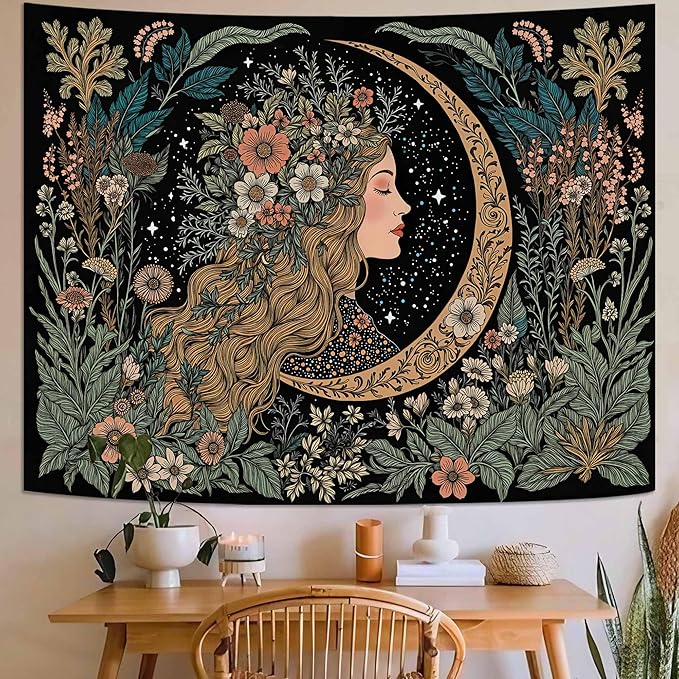 Neasow Moon Girl Floral Tapestry, Botanical Nature Wall Art, Boho Aesthetic Mystic Decor for Living Room Bedroom Home, Green 44x60 inches