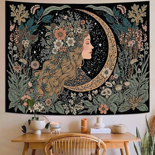 Neasow Moon Girl Floral Tapestry, Botanical Nature Wall Art, Boho Aesthetic Mystic Decor for Living Room Bedroom Home, Green 36x48 inches