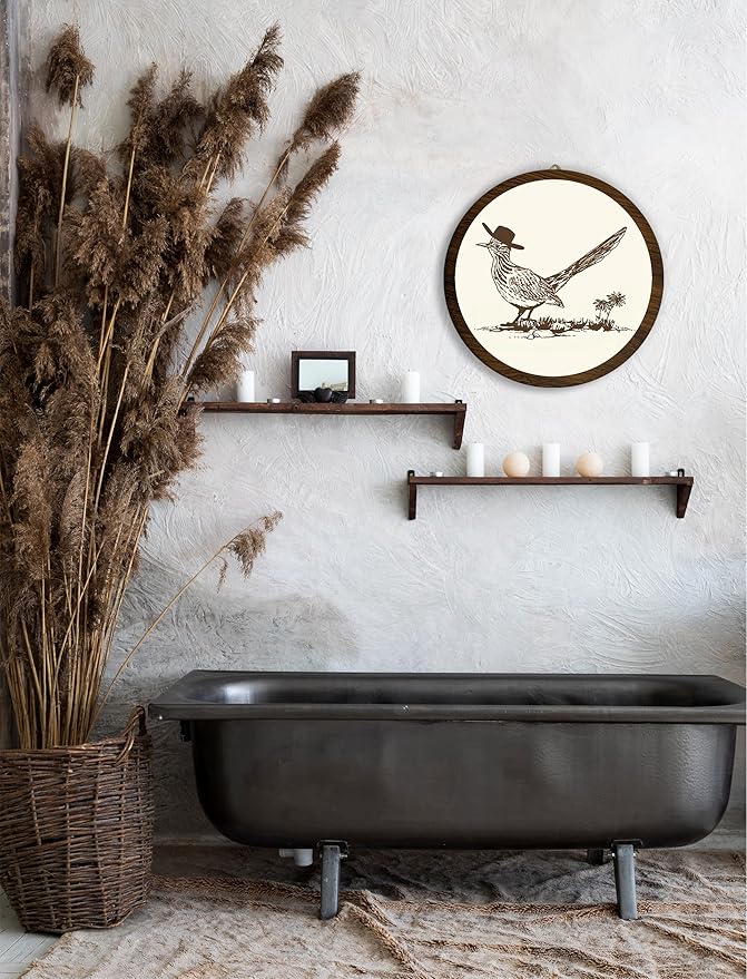 Xeqej Cowboy Roadrunner Hanging Wall Decor, Retro Cowboy Round Wooden Wall Art, Wild West Art, Trendy Western Boho Decorations for Apartment Home Dorm Living Room Bedroom Bathroom Kitchen Office, 07