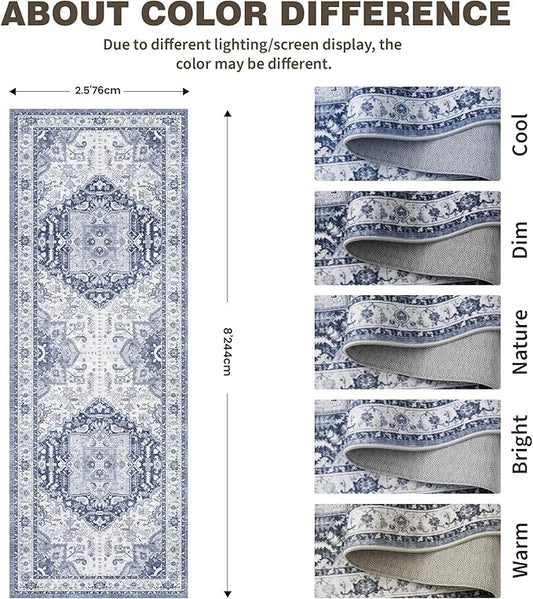 2.6x8 Washable Hallway Runner Rug - Kitchen Rugs with Non Slip Backing Vintage Soft Farmhouse Entryway Mat for Living Room Laundry Bedroom Bathroom Navy/Blue