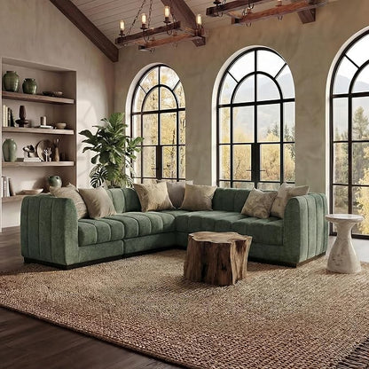Morden Fort 5-Seater L-Shaped Modular Sectional Sofa, Deep Seat Chenille Couch for Living Room, Modern Modular Corner Sofa with High-Density Foam Cushions, Comfy Apartment Couch, Green