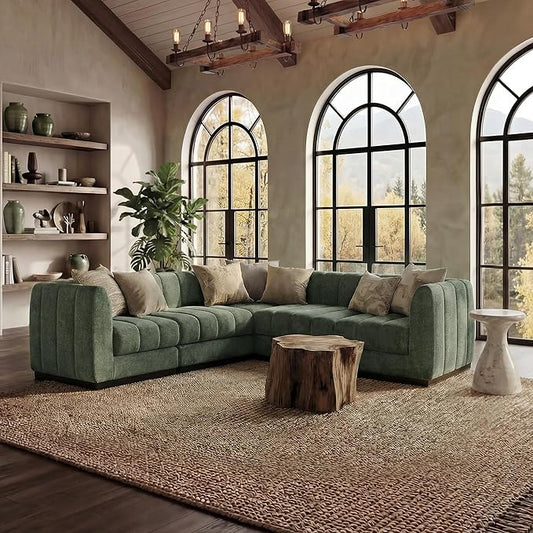 Morden Fort 5-Seater L-Shaped Modular Sectional Sofa, Deep Seat Chenille Couch for Living Room, Modern Modular Corner Sofa with High-Density Foam Cushions, Comfy Apartment Couch, Green