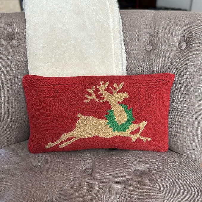 Hand Hooked Christmas Pillow - 9X16 inches Throw Pillow for Couch or Dorm (Reindeer)