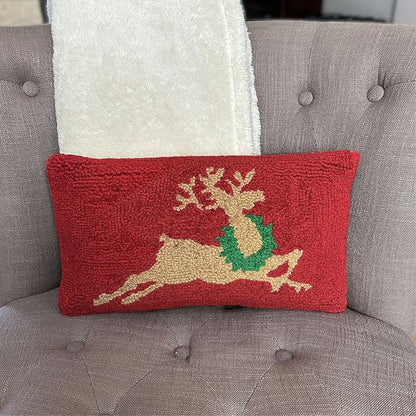 Hand Hooked Christmas Pillow - 9X16 inches Throw Pillow for Couch or Dorm (Reindeer)