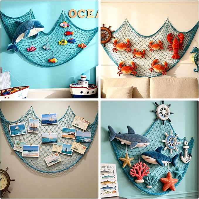 Decorative Fishing Net 2 Pack, 5x10 ft Large Aqua Fish Net Decor for Wall, Photo Display, Nautical Mermaid Pirate Ocean Themed Beach Hawaii Under the Sea Party Decorations