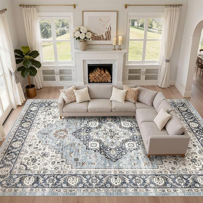 10x13 Area Rug Living Room: Washable Boho Large Neutral Vintage Soft Rug Stain Resistant Farmhouse Non-Slip Indoor Floor Carpet for Bedroom Nursery Kids Office Dining Room Home House- Blue Tan