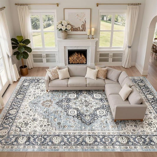 10x13 Area Rug Living Room: Washable Boho Large Neutral Vintage Soft Rug Stain Resistant Farmhouse Non-Slip Indoor Floor Carpet for Bedroom Nursery Kids Office Dining Room Home House- Blue Tan