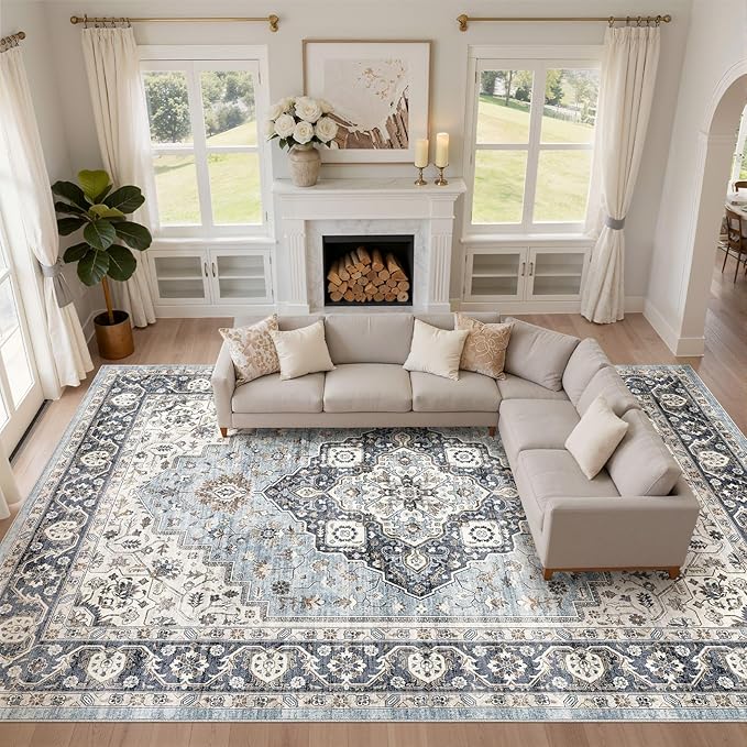 10x12 Area Rug Living Room: Washable Boho Large Neutral Vintage Soft Rugs Stain Resistant Farmhouse Non-Slip Indoor Floor Carpet for Bedroom Nursery Kids Playroom Office Dining Room- Tan Blue
