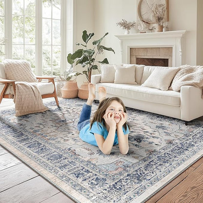 BESTSWEETIE 3x5 Area Rug Washable Rugs for Living Room, No Pile Boho Carpet for Entryway Bedroom Dinning Room, Vintage Carpet Print Distressed Non-Slip, 3 x 5 ft, Beige Blue