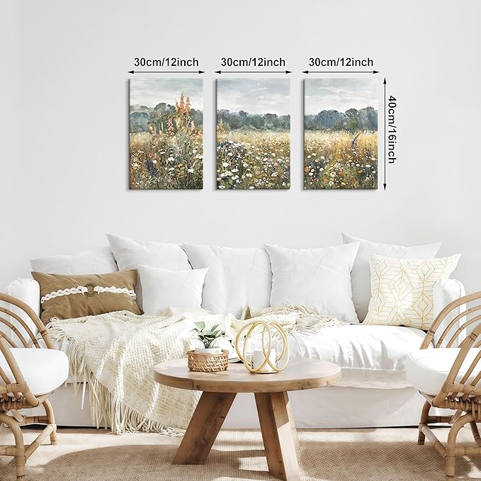 WENGTIAO 3Pcs Spring Wildflower Field Canvas Wall Art Prints Rustic Meadow Landscape Painting Nature Watercolor Flower Pictures Poster Vintage Farmhouse Artwork for Living Room Bedroom 12”x16”x3