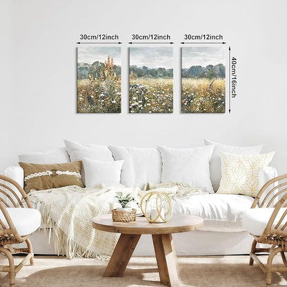 WENGTIAO 3Pcs Spring Wildflower Field Canvas Wall Art Prints Rustic Meadow Landscape Painting Nature Watercolor Flower Pictures Poster Vintage Farmhouse Artwork for Living Room Bedroom 12”x16”x3