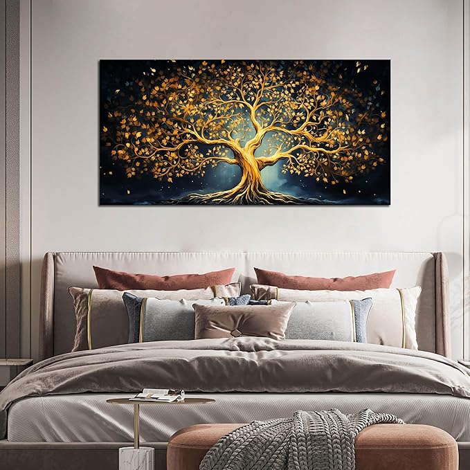 Ouzzlie Gold Picture Wall Decor for Bedroom Tree Canvas Art Black Wall Art for Office Dining Room Large Print Living Room 24"x 48"