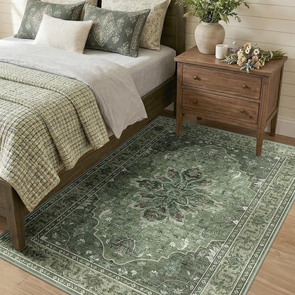 RELEANY Area Rugs 4'x5' Washable Non-Slip, Floral Vintage Distress Print Pattern Medallion Carpet for Living Room Bedroom Dining Room, Dark Green Gray