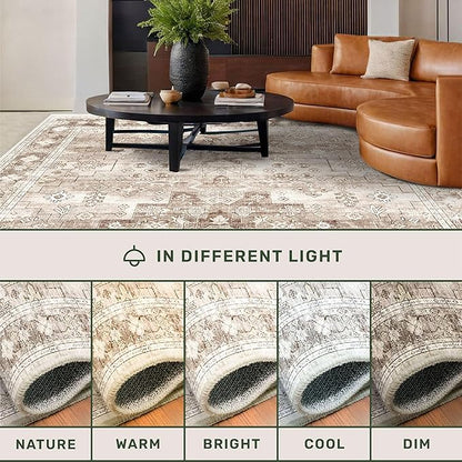 Boho 7x9 Area Rug for Living Room - Washable Beige Dining Room Rug Under the Table, Low Pile Non-Slip Rugs for Bedroom, Office - Charming Geometric Decor & Stain Resistance (7x9 Beige/Latte)