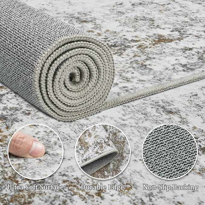 8x10 Area Rug Living Room Rugs - Washable Rug Large Modern Abstract Soft Thin Carpets Indoor Floor No Slip Vintage Carpet for Bedroom Under Dining Table Nursery Home Office Decor Gray Brown