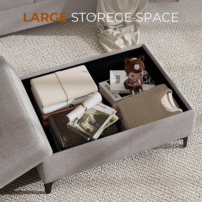 Upvilla 35" Large Storage Ottoman for Living Room, 7.8" Deep Seat Rectangular Ottoman Foot Rest for Couch, Chenille Storage Footstool Load 350 lb （Light Gray