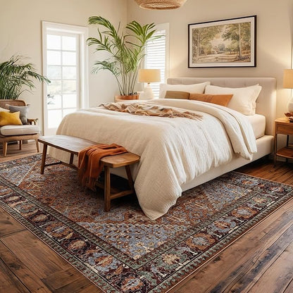 9x12 Area Rugs for Living Room, Machine Washable Low Pile Rug, Non Slip Backing Boho Rugs for Bedroom, Printed Soft Vintage Carpet Sienna Brown 9 x 12