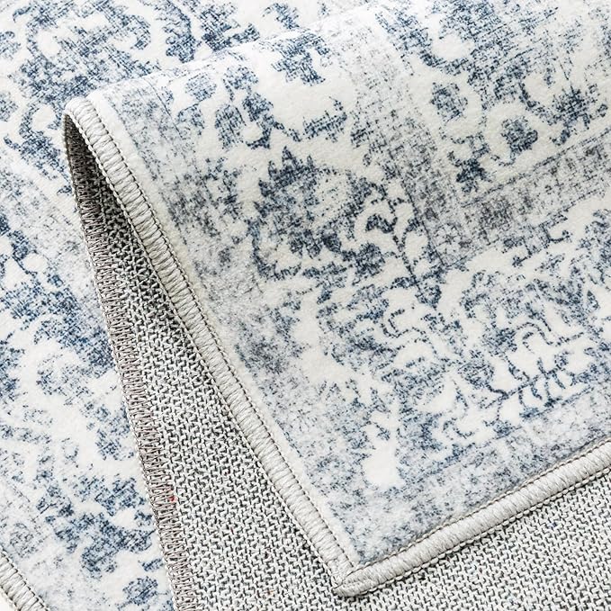 PureCozy Navy Blue Area Rug 6x9 Machine Washable Vintage Living Room Distressed Non Slip Carpet Traditional Indoor Bedroom Retro Floral Accent Throw Large Rug for Office Kitchen Dining Room