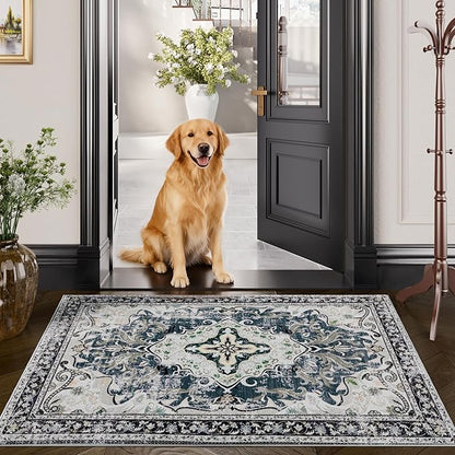 RUSHUFFY 2x3 Washable Small Rug Door Mat, Rugs for Entryway, Vintage Boho Distressed Print Non-Slip Carpet, Throw Rug for Indoor Entrance Kitchen Bedroom Bathroom Laundry Floor, Slate Blue & Beige
