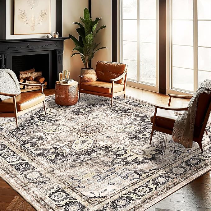 CHAMPLANT Washable Area Rug 9'x12' Black-Purple Khaki Retro Flowers Boho Design Non-Shedding Easy Care Ideal for High Traffic Areas in Living Room Bedroom Office Coffee Table Kitchen Large Carpet