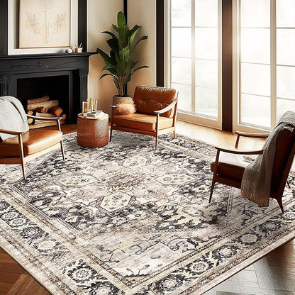CHAMPLANT Washable Area Rug 9'x12' Black-Purple Khaki Retro Flowers Boho Design Non-Shedding Easy Care Ideal for High Traffic Areas in Living Room Bedroom Office Coffee Table Kitchen Large Carpet