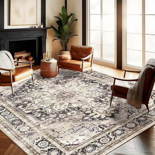 CHAMPLANT Washable Area Rug 9'x12' Black-Purple Khaki Retro Flowers Boho Design Non-Shedding Easy Care Ideal for High Traffic Areas in Living Room Bedroom Office Coffee Table Kitchen Large Carpet