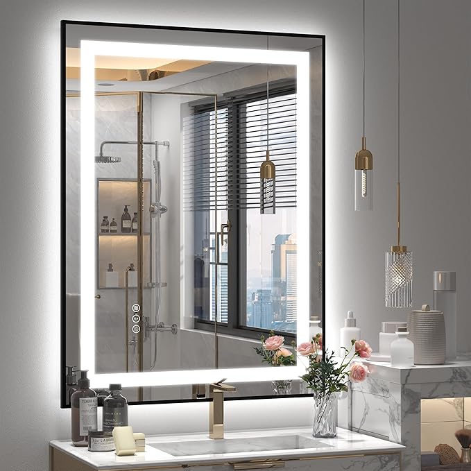 24x36 Framed LED Bathroom Mirror, Lighted Vanity Mirror with Lights, Dimmable Illuminated Mirror for Wall, Anti-Fog, Shatterproof (Front Lights and Backlit)