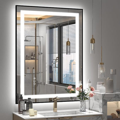 24x36 Framed LED Bathroom Mirror, Lighted Vanity Mirror with Lights, Dimmable Illuminated Mirror for Wall, Anti-Fog, Shatterproof (Front Lights and Backlit)