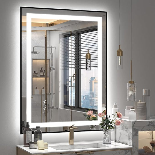 24x36 Framed LED Bathroom Mirror, Lighted Vanity Mirror with Lights, Dimmable Illuminated Mirror for Wall, Anti-Fog, Shatterproof (Front Lights and Backlit)