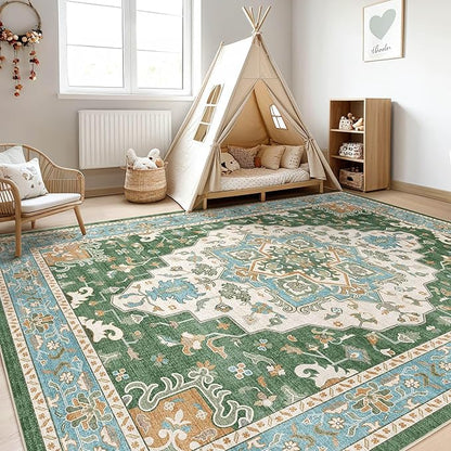 8x10 Area Rugs Living Room: Washable Boho Large Neutral Vintage Soft Rug Stain Resistant Farmhouse Non-Slip Indoor Floor Retro Carpet for Bedroom Nursery Kids Office Dining Room- Green Multi