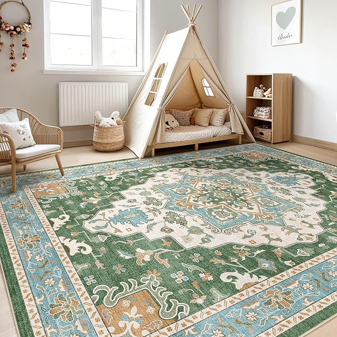 7x9 Area Rug Living Room: Washable Boho Large Neutral Vintage Soft Rug Stain Resistant Farmhouse Non-Slip Indoor Floor Retro Carpet for Bedroom Nursery Kids Office Dining Room- Green Multi