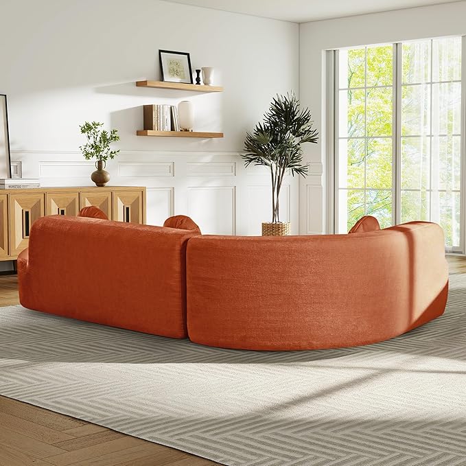 Deep Seat Curved Sectional Sofa - Cloud Round Couch with Elegant Curved Design & 3 Round Cushions, L-Shaped Comfy 4 Seater Floor Sofa, No Assembly Required (Orange)
