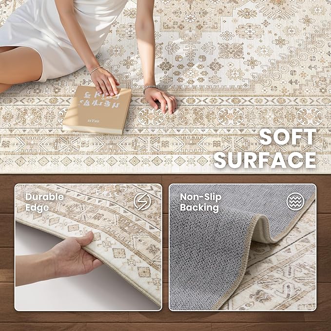 zesthome 10x12 Area Rugs,Stain Resistant Washable Rug,Ultra-Thin Rugs for Living Room,Bedroom,Non-Slip Backing Home Decor Large Area Rug (Cream/Beige,10'x12')