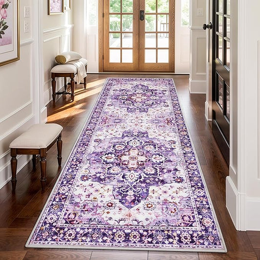 2x6 Rug Runners for Hallways Kitchen Runner Rug Non Slip Washable Long Runner Rugs with Rubber Backing Soft Vintage Carpet for Kitchen, Bedroom, Bathroom, Entryway, Purple