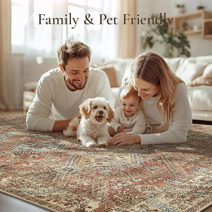 GENIMO 9x12 Area Rugs for Living Room, Machine Washable Non Slip Rugs, Low Pile Lightweight Print Rug for Bedroom, Dining Room, Home Office, Vintage Brick Red