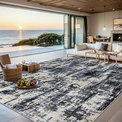 Area Rugs 9x12 Living Room - Washable Rug Modern Abstract Soft Large Neutral Non-Slip Carpet Indoor Floor Thin Carpets for Bedroom Dining Room Farmhouse Nursery Home Office Black Gold