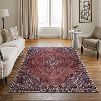 Bloom Rugs Washable Non-Slip 4' x 6' Rug - Red/Multicolor Traditional Bordered Area Rug for Living Room, Bedroom, Dining Room, and Kitchen - Exact Size: 4' x 6'